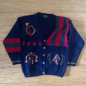 Vintage Charter Club navy equestrian themed knit cardigan